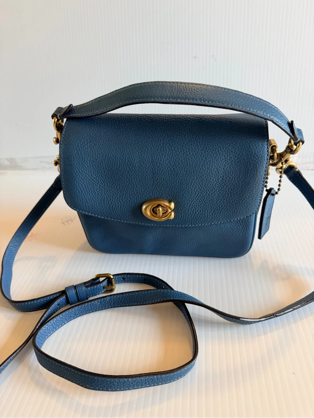 Coach Pebbled Leather Turnlock Crossbody in Navy Blue with Gold Hardware - Picture 1 of 7
